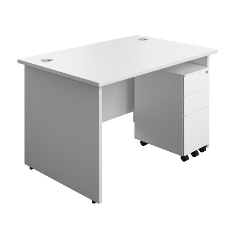 Panel Rectangular Desk + 3 Drawer Slimline Steel Pedestal Bundle | 1200X800 | White/White