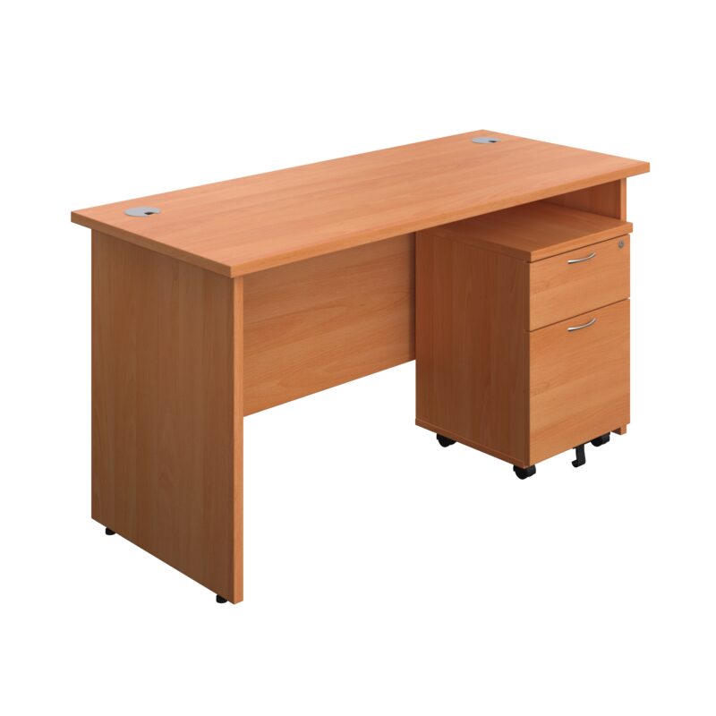 Panel Rectangular Desk + 2 Drawer Mobile Pedestal Bundle | 1400X600 | Beech/Beech