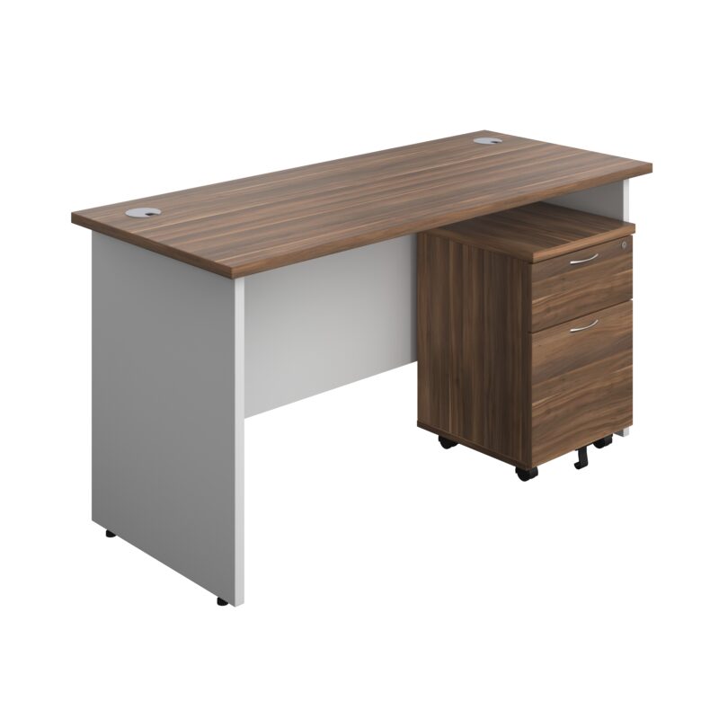 Panel Plus Rectangular Desk + 2 Drawer Mobile Pedestal Bundle | 1400X600 | Dark Walnut/White