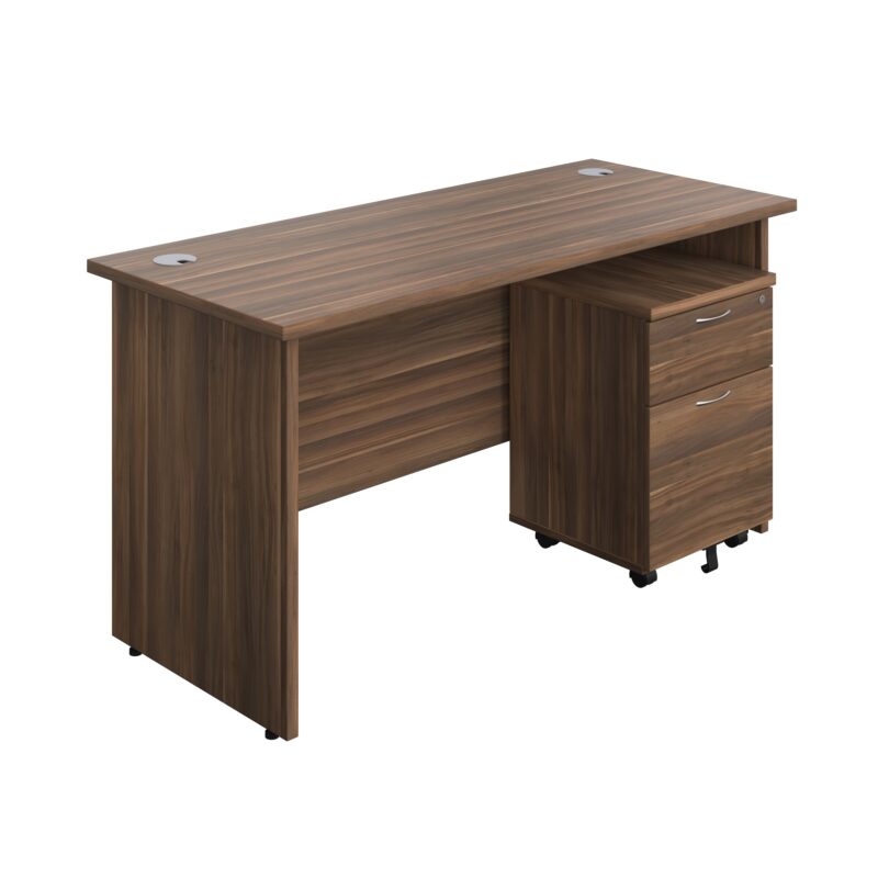 Panel Rectangular Desk + 2 Drawer Mobile Pedestal Bundle | 1400X600 | Dark Walnut/Dark Walnut