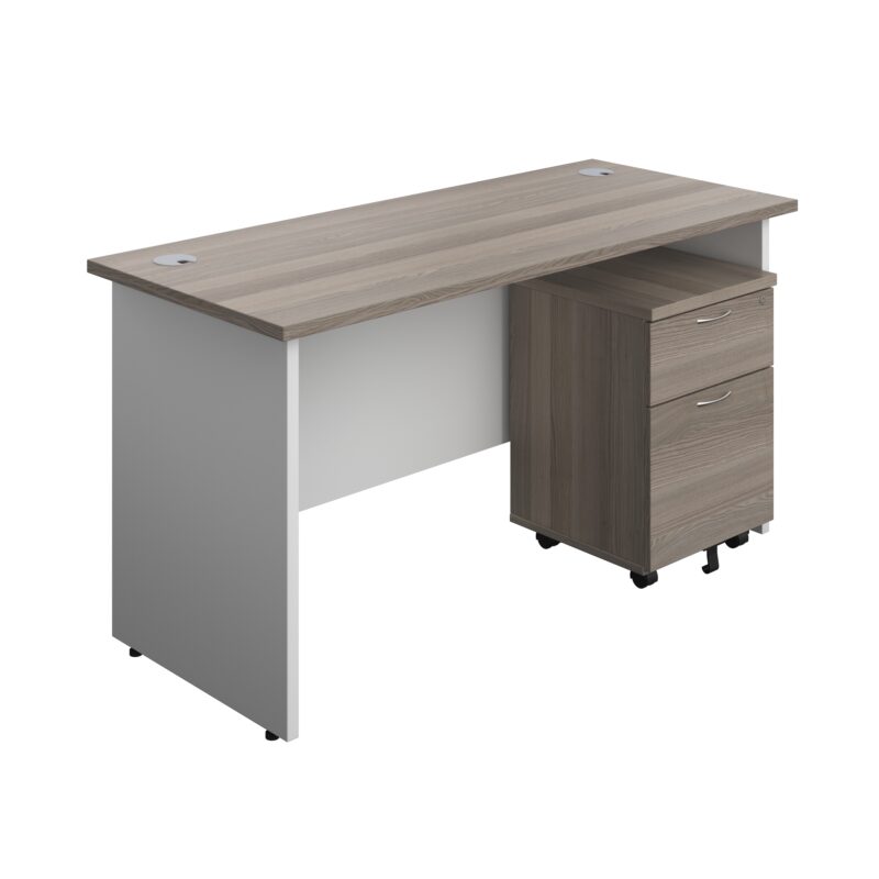 Panel Plus Rectangular Desk + 2 Drawer Mobile Pedestal Bundle | 1400X600 | Grey Oak/White