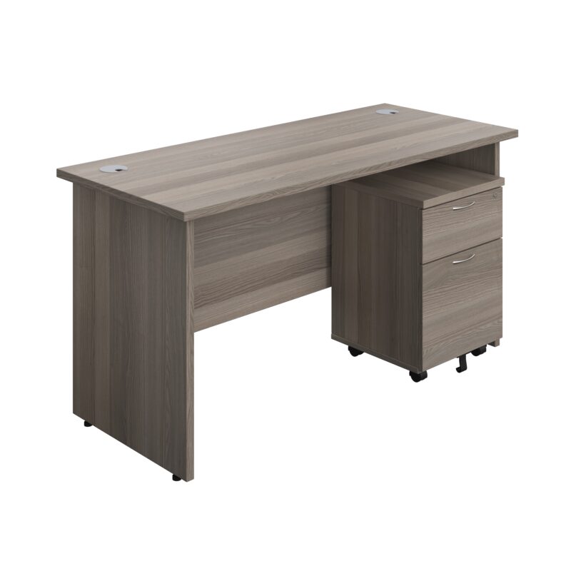 Panel Rectangular Desk + 2 Drawer Mobile Pedestal Bundle | 1400X600 | Grey Oak/Grey Oak