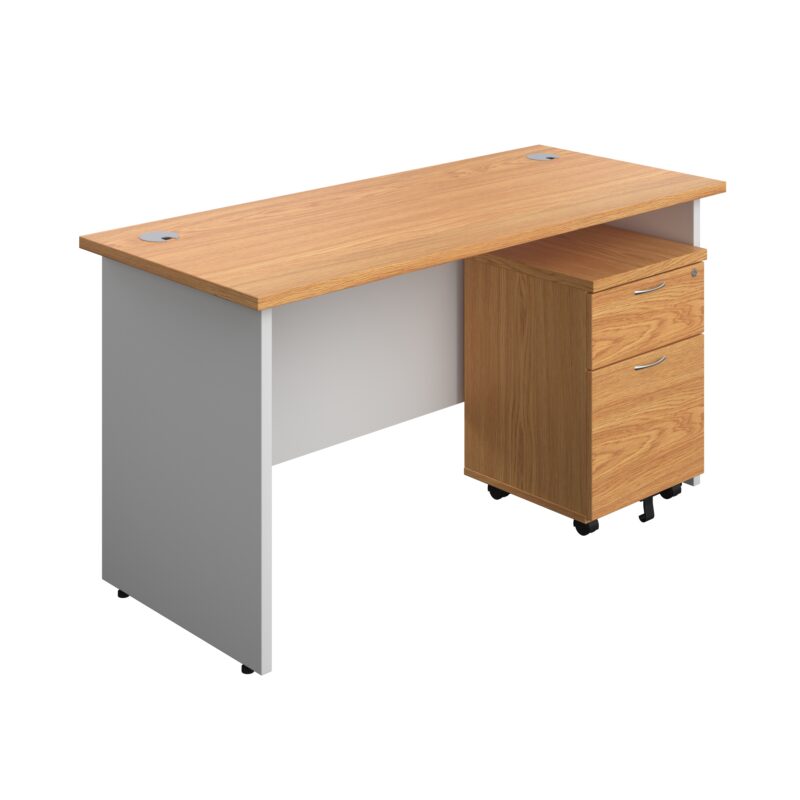 Panel Plus Rectangular Desk + 2 Drawer Mobile Pedestal Bundle | 1400X600 | Nova Oak/White