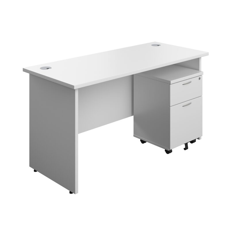 Panel Rectangular Desk + 2 Drawer Mobile Pedestal Bundle | 1400X600 | White/White