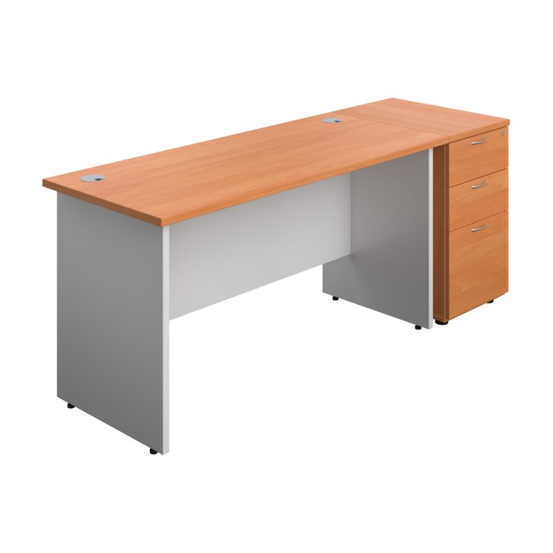 Panel Plus Rectangular Desk + Matching 3 Drawer Desk High Pedestal Bundle | 600 Pedestal | 1400X600 | Beech/White