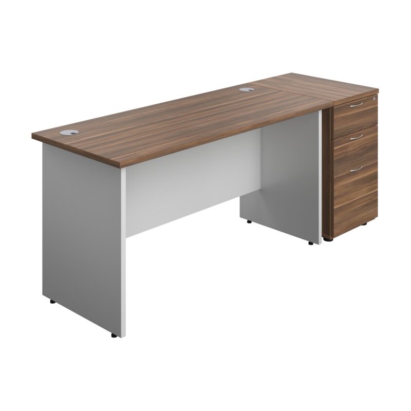 Panel Plus Rectangular Desk + Matching 3 Drawer Desk High Pedestal Bundle | 600 Pedestal | 1400X600 | Dark Walnut/White