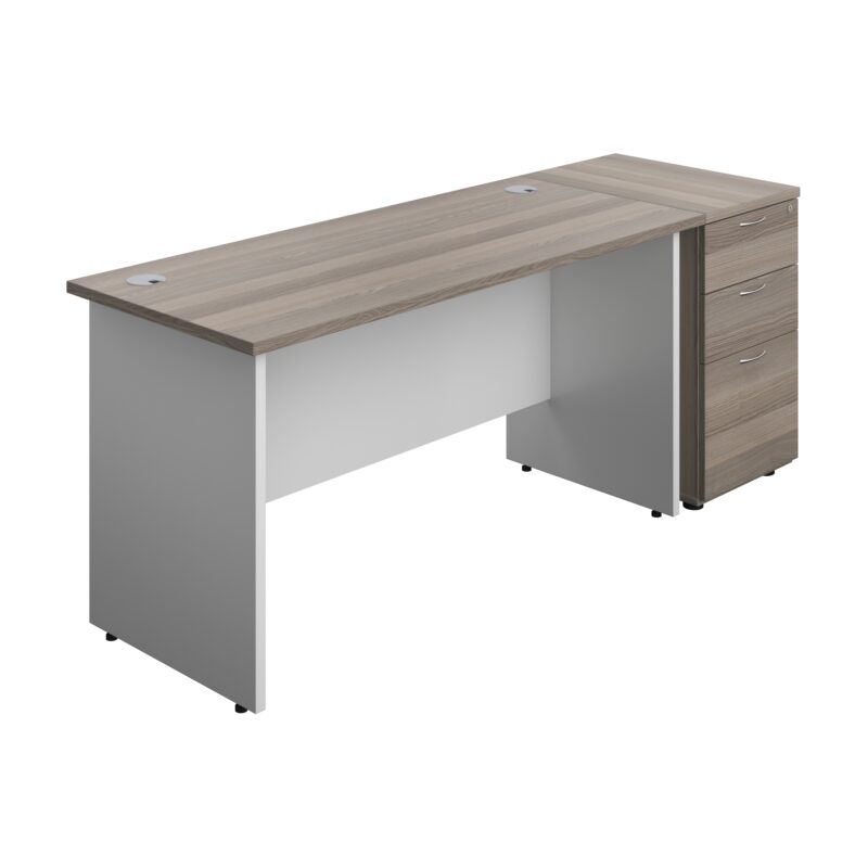 Panel Plus Rectangular Desk + Matching 3 Drawer Desk High Pedestal Bundle | 600 Pedestal | 1400X600 | Grey Oak/White