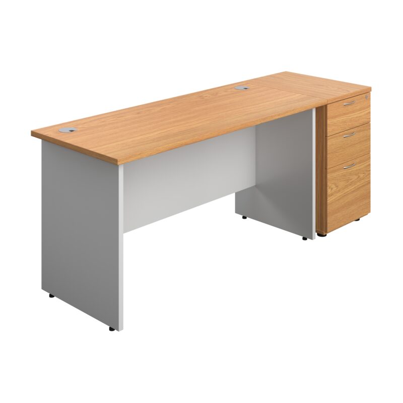 Panel Plus Rectangular Desk + Matching 3 Drawer Desk High Pedestal Bundle | 600 Pedestal | 1400X600 | Nova Oak/White