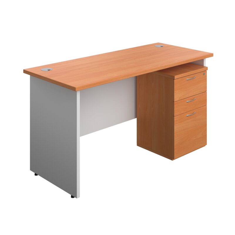 Panel Plus Rectangular Desk + 3 Drawer High Mobile Pedestal Bundle | 1400X600 | Beech/White