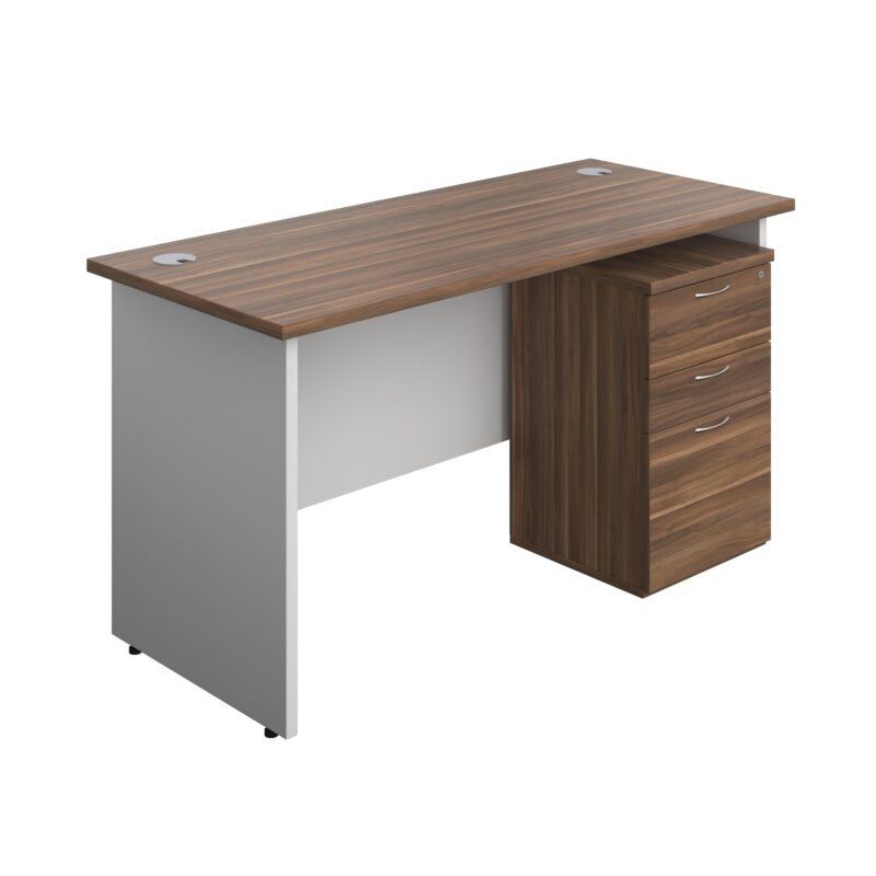 Panel Plus Rectangular Desk + 3 Drawer High Mobile Pedestal Bundle | 1400X600 | Dark Walnut/White