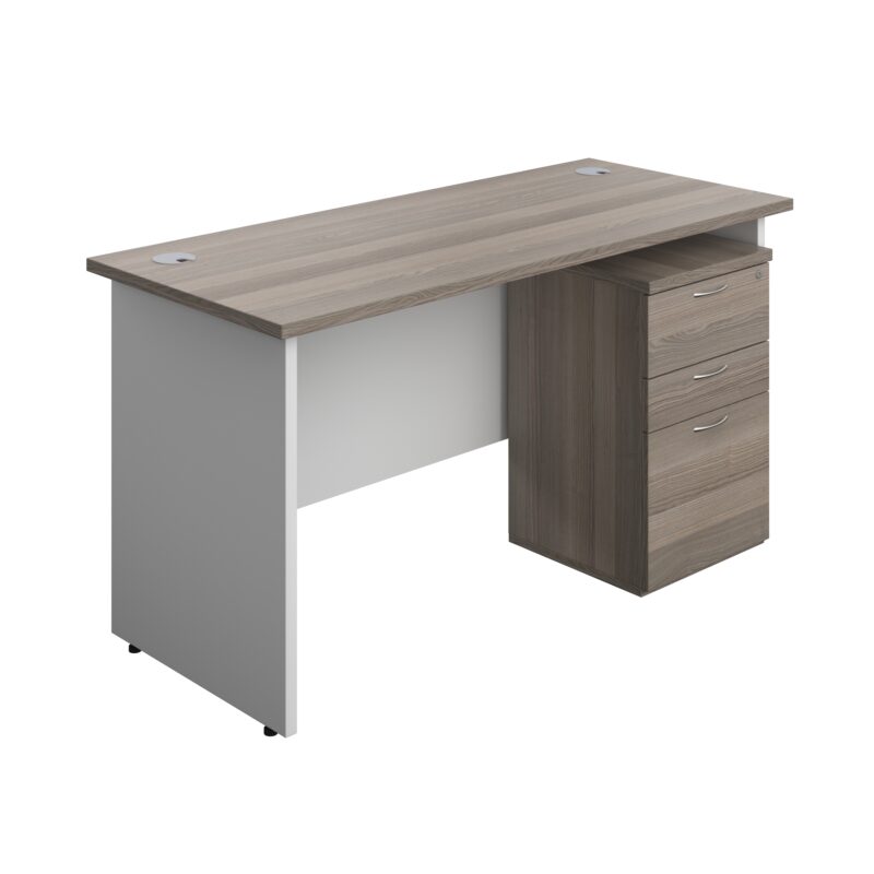 Panel Plus Rectangular Desk + 3 Drawer High Mobile Pedestal Bundle | 1400X600 | Grey Oak/White