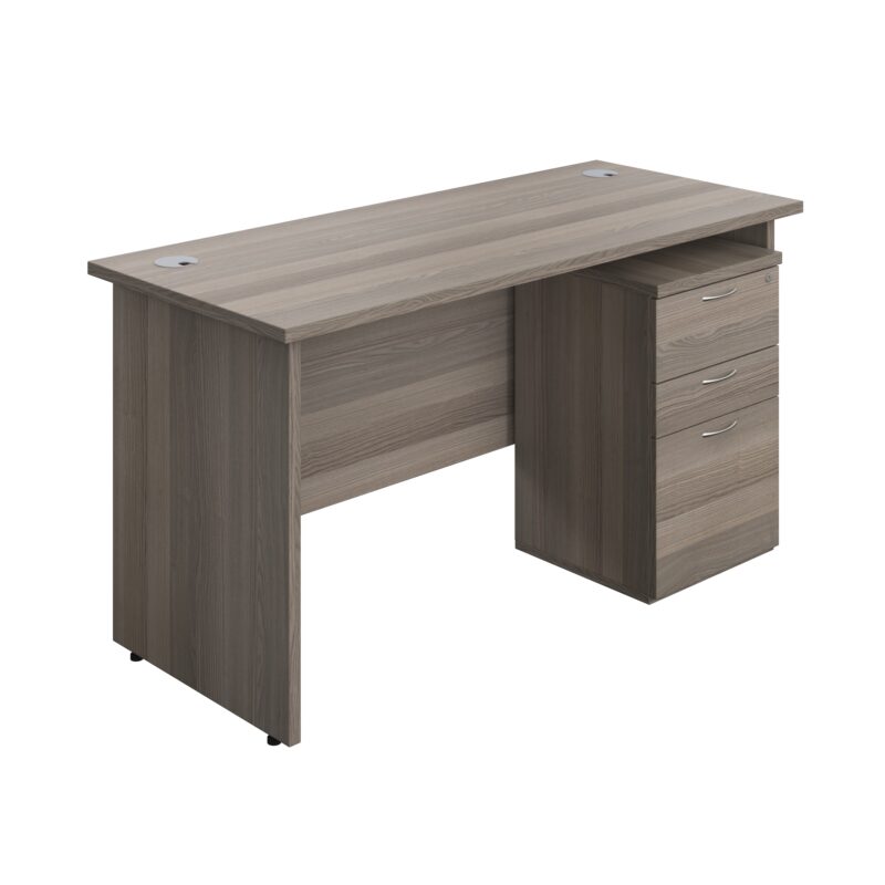 Panel Rectangular Desk + 3 Drawer High Mobile Pedestal Bundle | 1400X600 | Grey Oak/Grey Oak