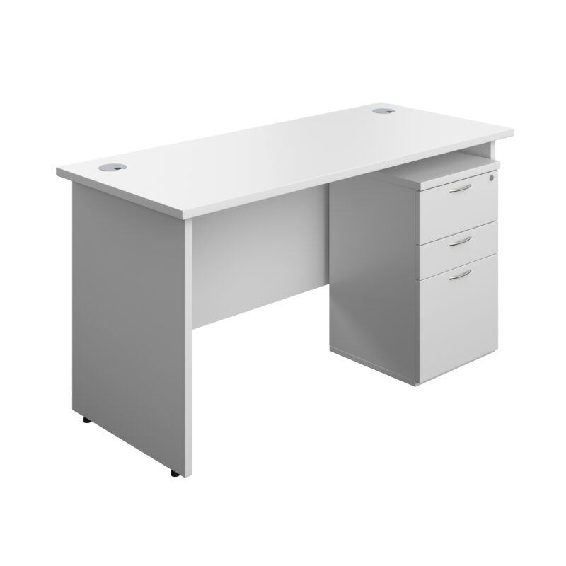 Panel Rectangular Desk + 3 Drawer High Mobile Pedestal Bundle | 1400X600 | White/White