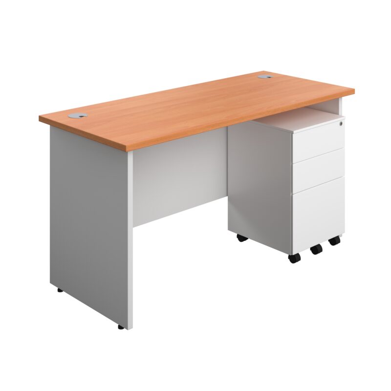 Panel Plus Rectangular Desk + 3 Drawer Steel Pedestal Bundle | 1400X600 | Beech/White