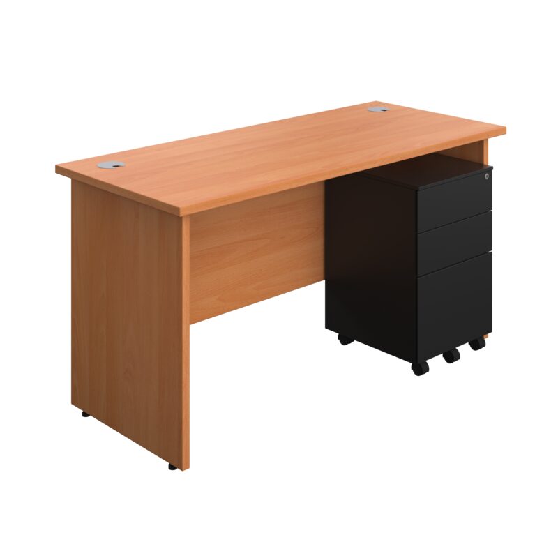 Panel Rectangular Desk + 3 Drawer Steel Pedestal Bundle | 1400X600 | Beech/Black