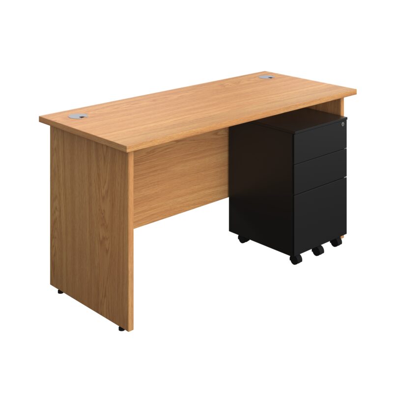 Panel Rectangular Desk + 3 Drawer Steel Pedestal Bundle | 1400X600 | Nova Oak/Black