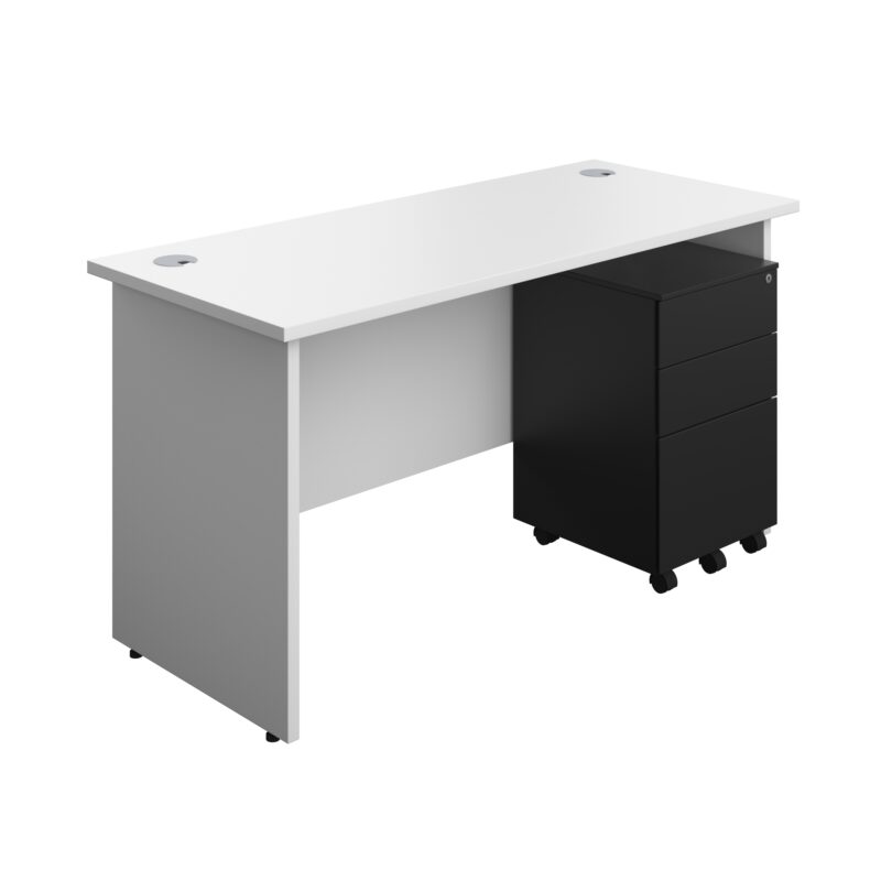 Panel Rectangular Desk + 3 Drawer Steel Pedestal Bundle | 1400X600 | White/Black