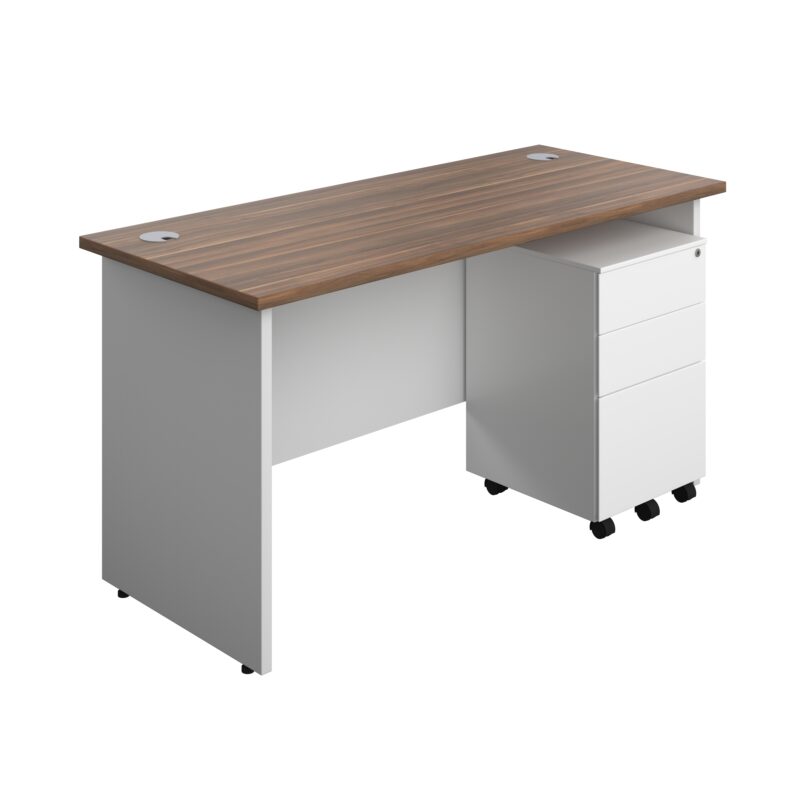 Panel Plus Rectangular Desk + 3 Drawer Steel Pedestal Bundle | 1400X600 | Dark Walnut/White