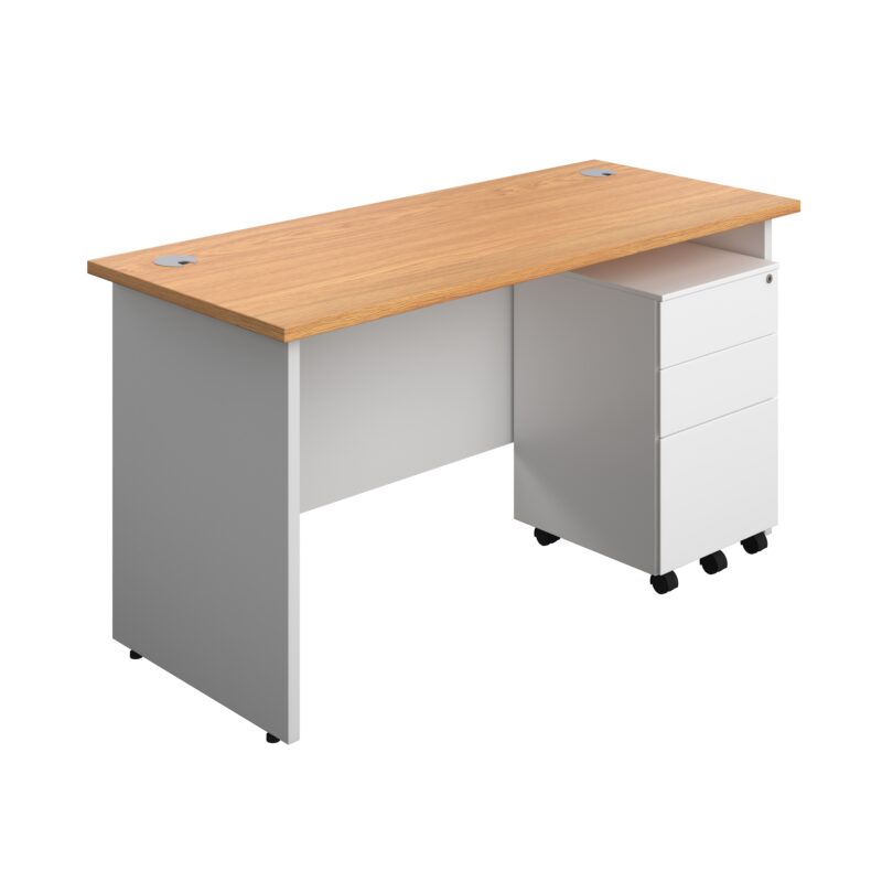 Panel Plus Rectangular Desk + 3 Drawer Steel Pedestal Bundle | 1400X600 | Nova Oak/White