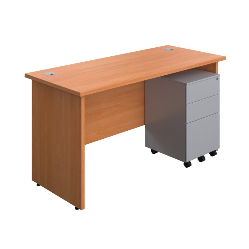 Panel Rectangular Desk + 3 Drawer Steel Pedestal Bundle | 1400X600 | Beech/Silver