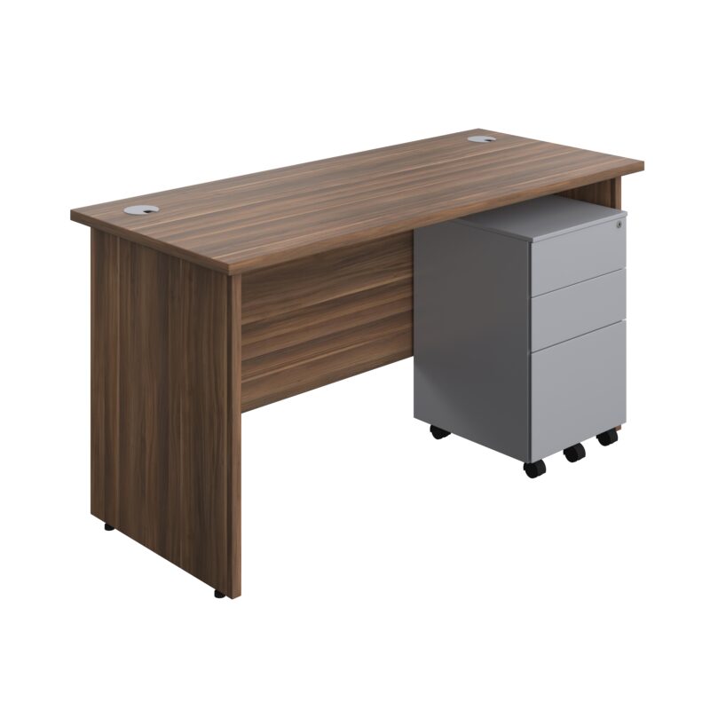 Panel Rectangular Desk + 3 Drawer Steel Pedestal Bundle | 1400X600 | Dark Walnut/Silver