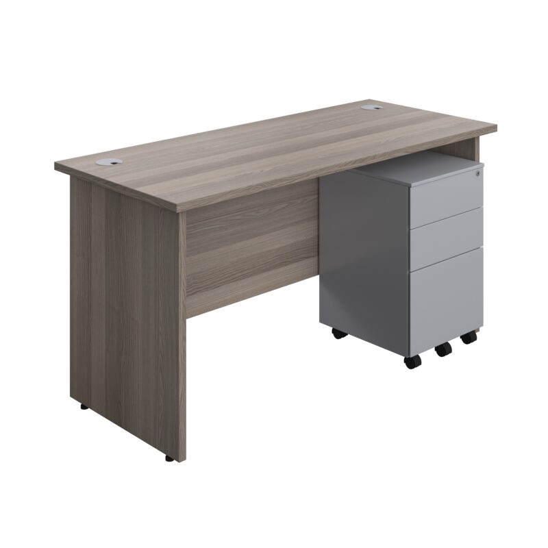 Panel Rectangular Desk + 3 Drawer Steel Pedestal Bundle | 1400X600 | Grey Oak/Silver