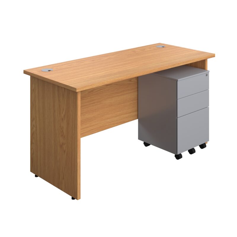 Panel Rectangular Desk + 3 Drawer Steel Pedestal Bundle | 1400X600 | Nova Oak/Silver