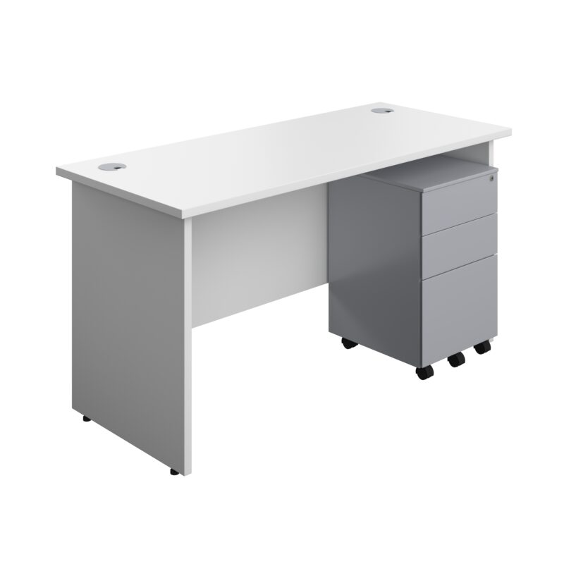 Panel Rectangular Desk + 3 Drawer Steel Pedestal Bundle | 1400X600 | White/Silver