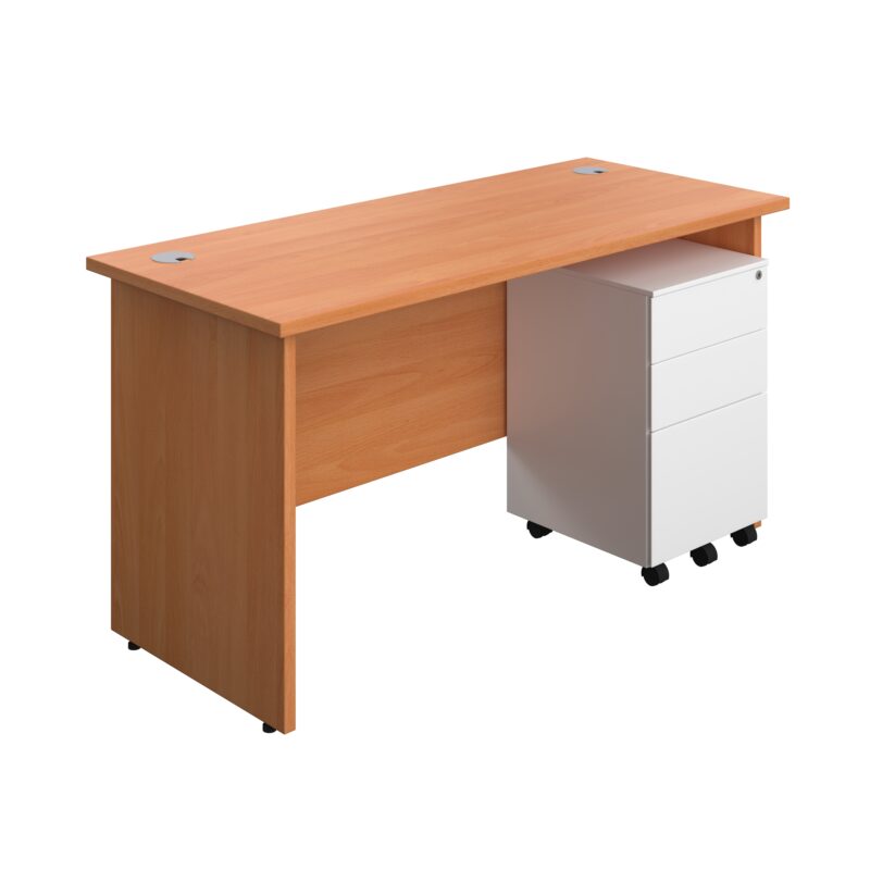 Panel Rectangular Desk + 3 Drawer Steel Pedestal Bundle | 1400X600 | Beech/White