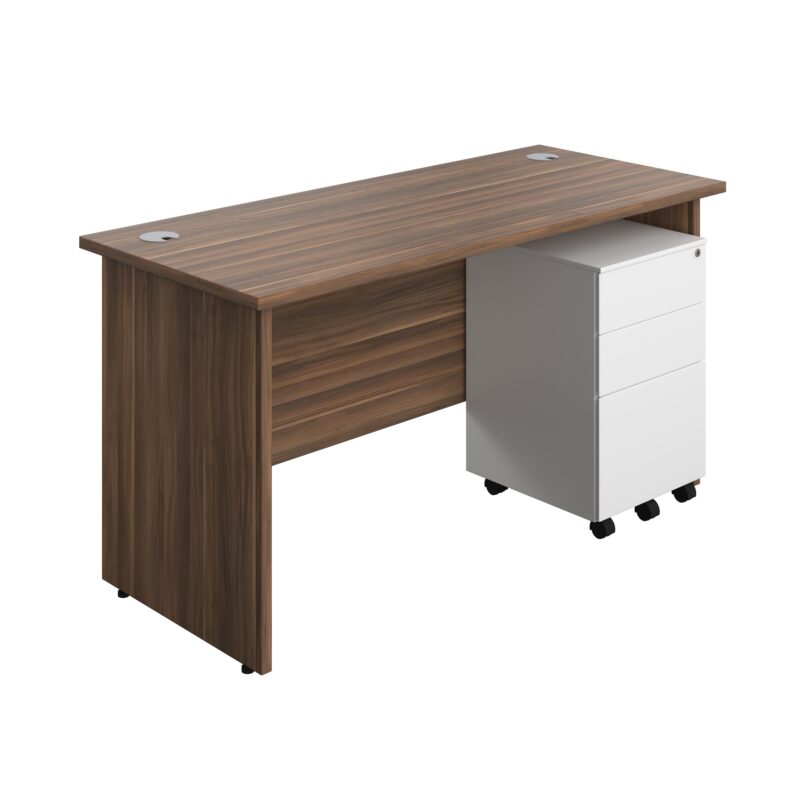 Panel Rectangular Desk + 3 Drawer Steel Pedestal Bundle | 1400X600 | Dark Walnut/White