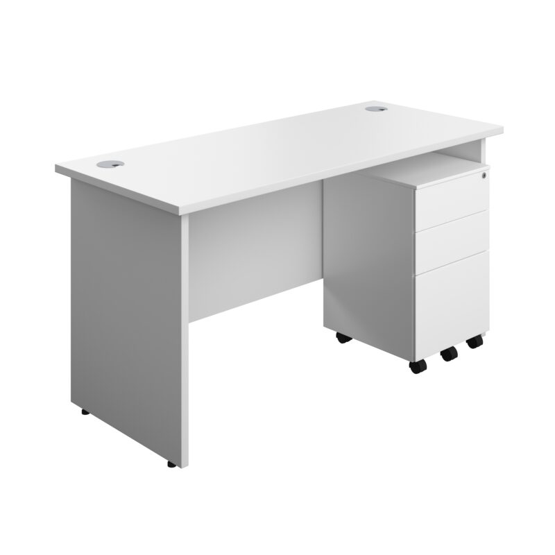 Panel Rectangular Desk + 3 Drawer Steel Pedestal Bundle | 1400X600 | White/White