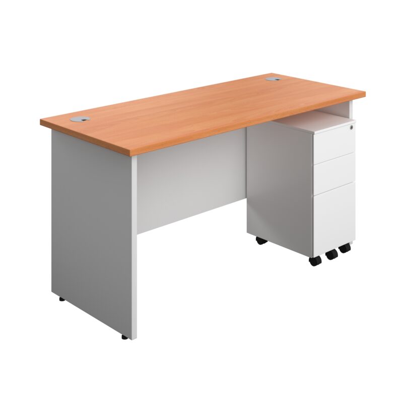 Panel Plus Rectangular Desk + 3 Drawer Slimline Steel Pedestal Bundle | 1400X600 | Beech/White