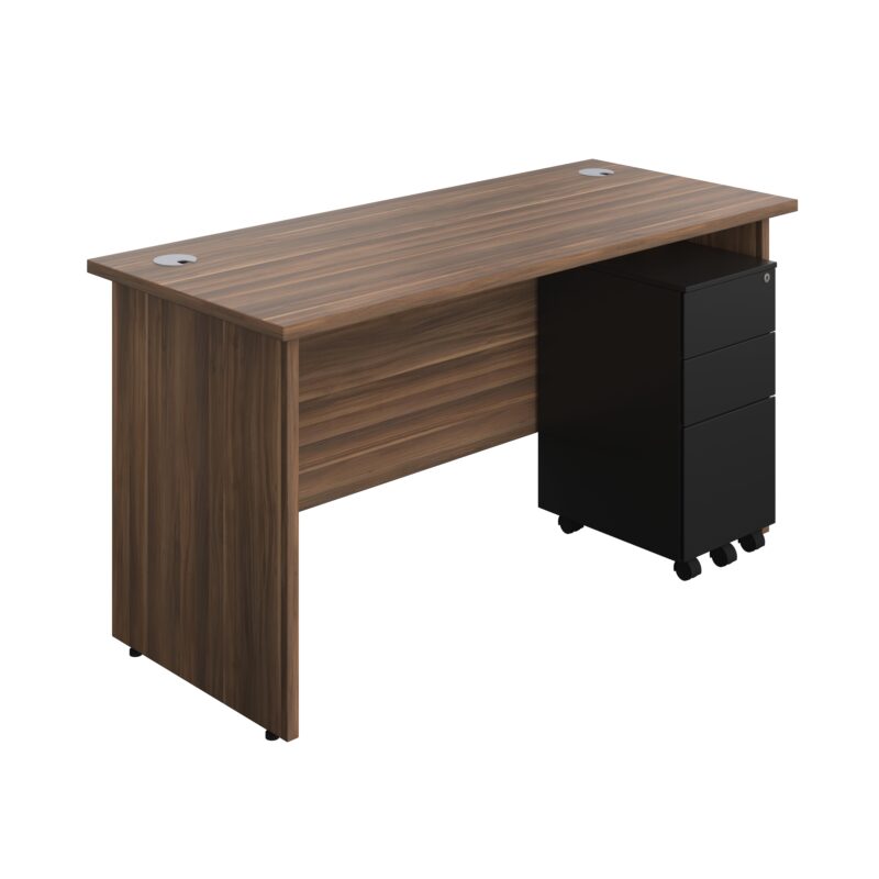 Panel Rectangular Desk + 3 Drawer Slimline Steel Pedestal Bundle | 1400X600 | Dark Walnut/Black