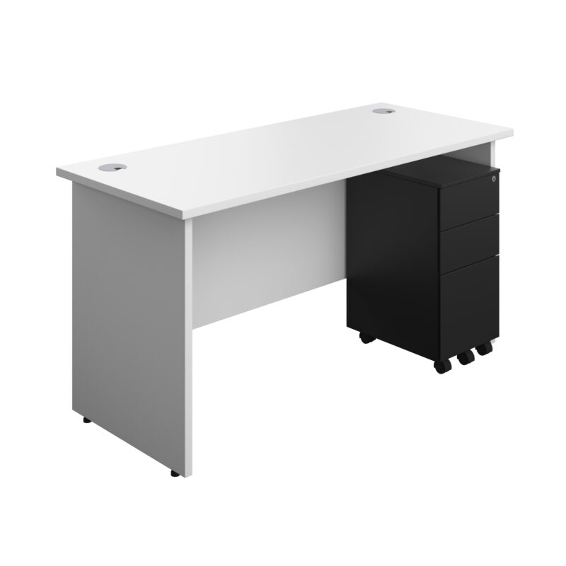 Panel Rectangular Desk + 3 Drawer Slimline Steel Pedestal Bundle | 1400X600 | White/Black