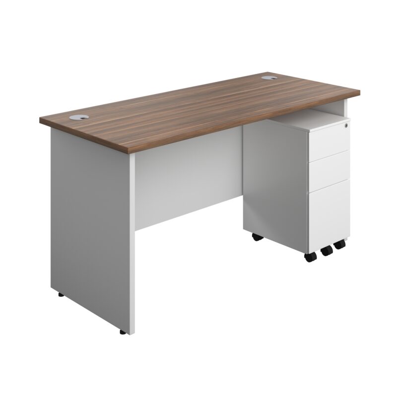 Panel Plus Rectangular Desk + 3 Drawer Slimline Steel Pedestal Bundle | 1400X600 | Dark Walnut/White