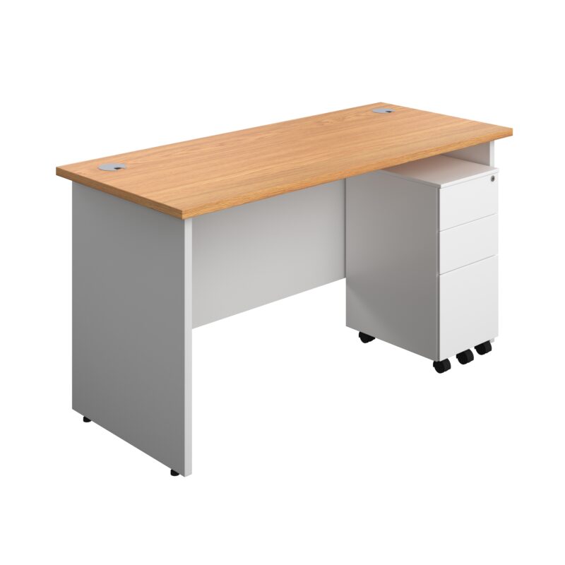 Panel Plus Rectangular Desk + 3 Drawer Slimline Steel Pedestal Bundle | 1400X600 | Nova Oak/White