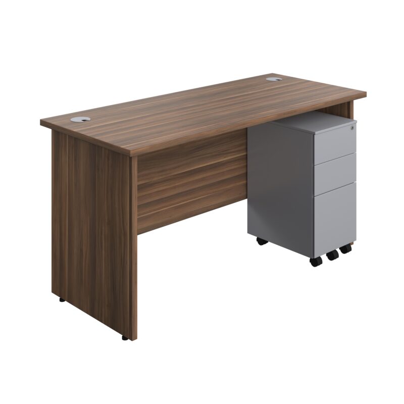 Panel Rectangular Desk + 3 Drawer Slimline Steel Pedestal Bundle | 1400X600 | Dark Walnut/Silver