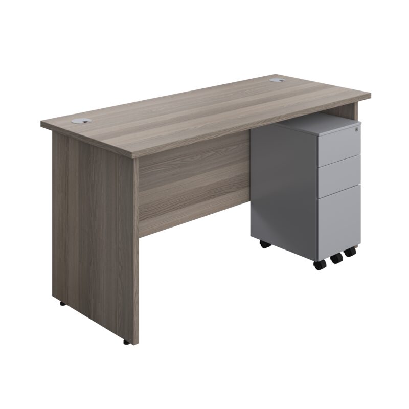 Panel Rectangular Desk + 3 Drawer Slimline Steel Pedestal Bundle | 1400X600 | Grey Oak/Silver