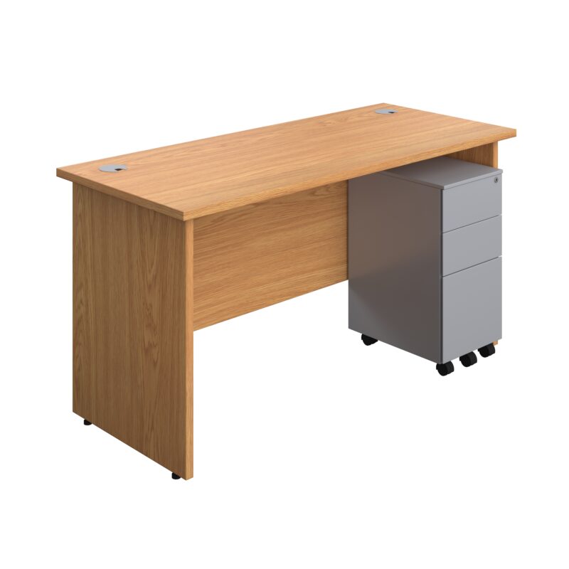 Panel Rectangular Desk + 3 Drawer Slimline Steel Pedestal Bundle | 1400X600 | Nova Oak/Silver