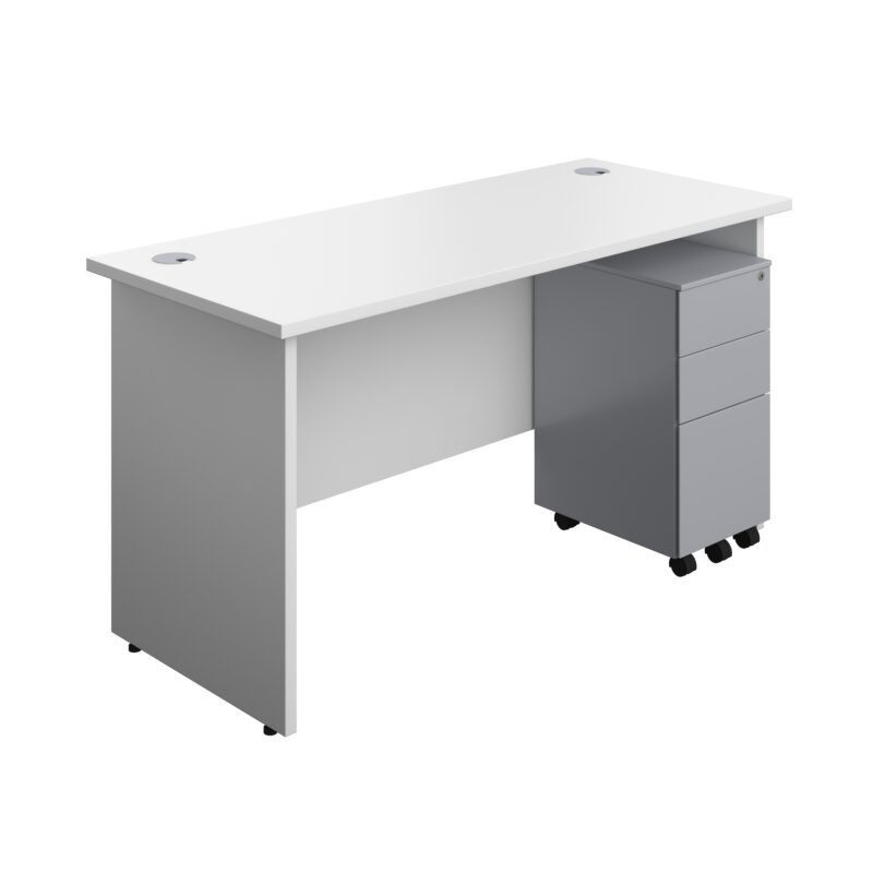 Panel Rectangular Desk + 3 Drawer Slimline Steel Pedestal Bundle | 1400X600 | White/Silver