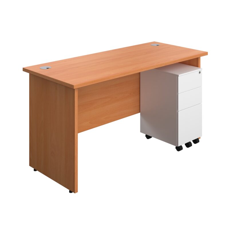 Panel Rectangular Desk + 3 Drawer Slimline Steel Pedestal Bundle | 1400X600 | Beech/White