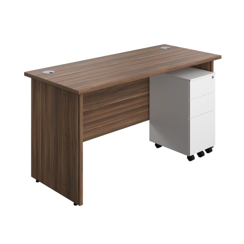 Panel Rectangular Desk + 3 Drawer Slimline Steel Pedestal Bundle | 1400X600 | Dark Walnut/White