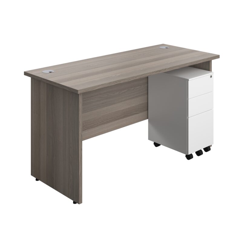 Panel Rectangular Desk + 3 Drawer Slimline Steel Pedestal Bundle | 1400X600 | Grey Oak/White