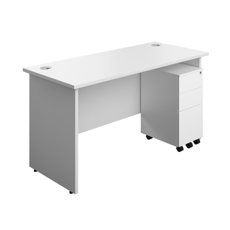 Panel Rectangular Desk + 3 Drawer Slimline Steel Pedestal Bundle | 1400X600 | White/White