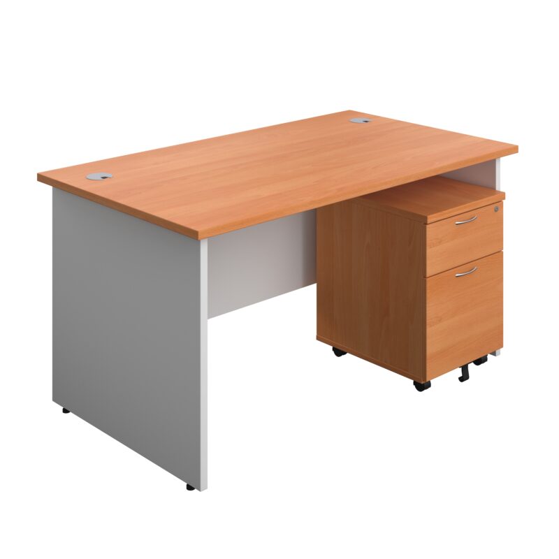 Panel Plus Rectangular Desk + 2 Drawer Mobile Pedestal Bundle | 1400X800 | Beech/White