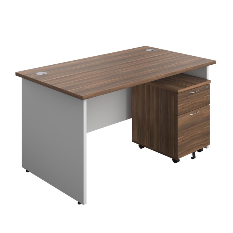 Panel Plus Rectangular Desk + 2 Drawer Mobile Pedestal Bundle | 1400X800 | Dark Walnut/White