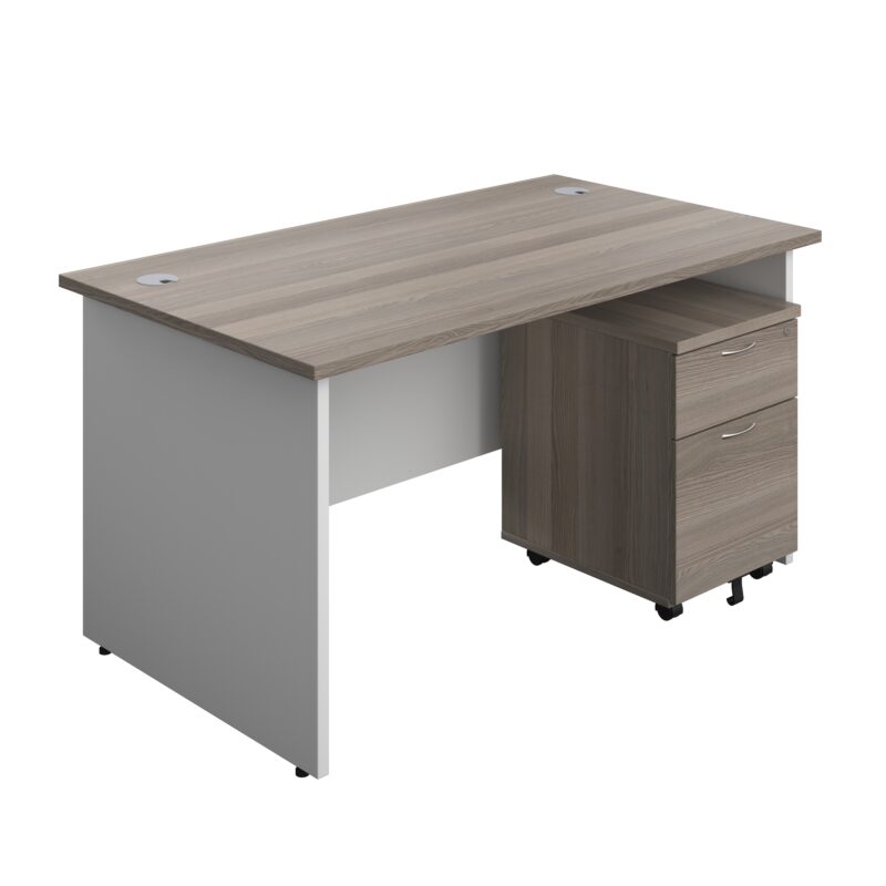 Panel Plus Rectangular Desk + 2 Drawer Mobile Pedestal Bundle | 1400X800 | Grey Oak/White