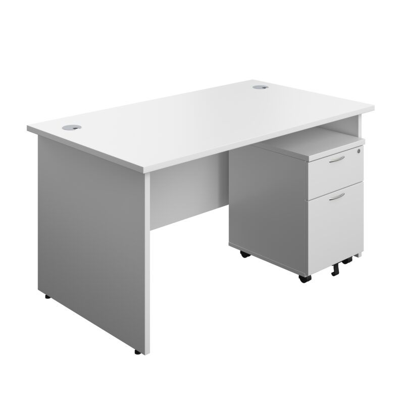 Panel Rectangular Desk + 2 Drawer Mobile Pedestal Bundle | 1400X800 | White/White