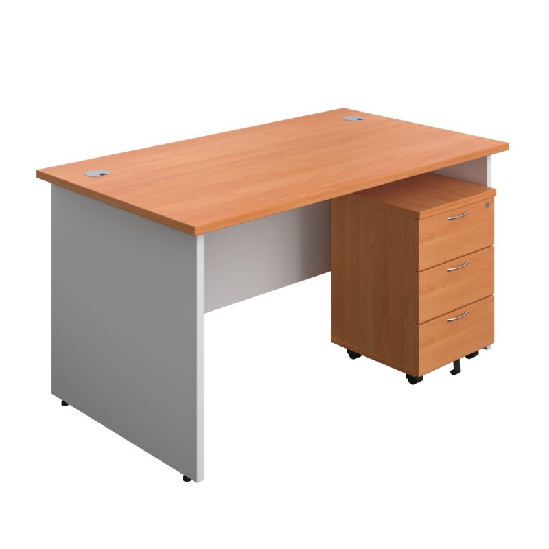 Panel Plus Rectangular Desk + 3 Drawer Mobile Pedestal Bundle | 1400X800 | Beech/White