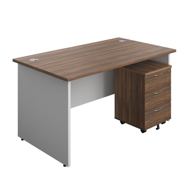 Panel Plus Rectangular Desk + 3 Drawer Mobile Pedestal Bundle | 1400X800 | Dark Walnut/White